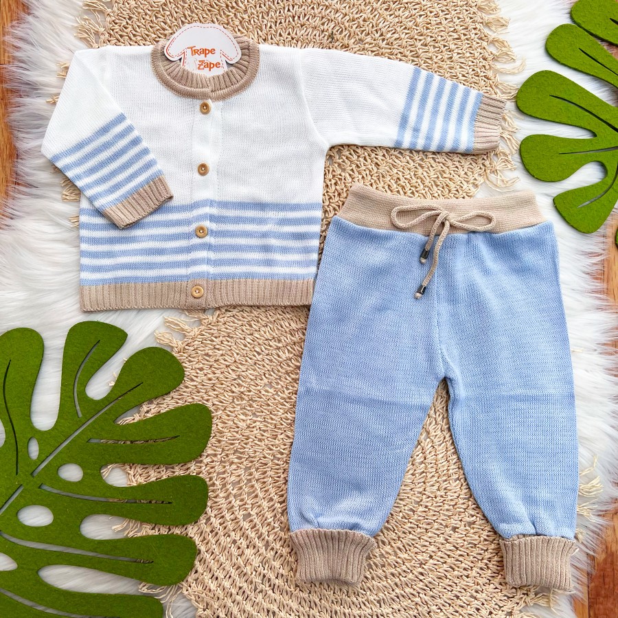 Conjunto de Linha Listras - Off White e Azul Bebê com Areia
